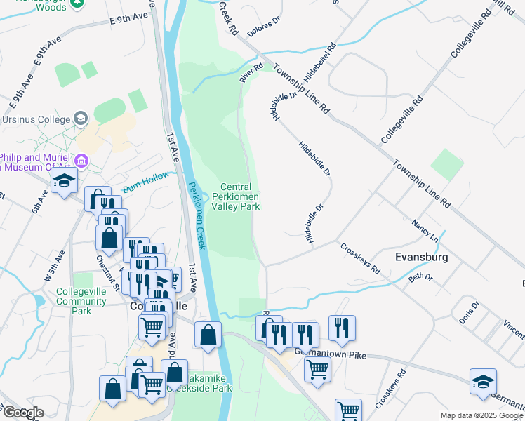 map of restaurants, bars, coffee shops, grocery stores, and more near 308 River Road in Collegeville