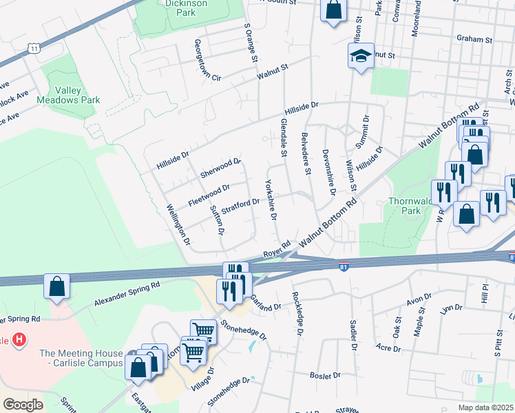 map of restaurants, bars, coffee shops, grocery stores, and more near 701 Sherwood Drive in Carlisle