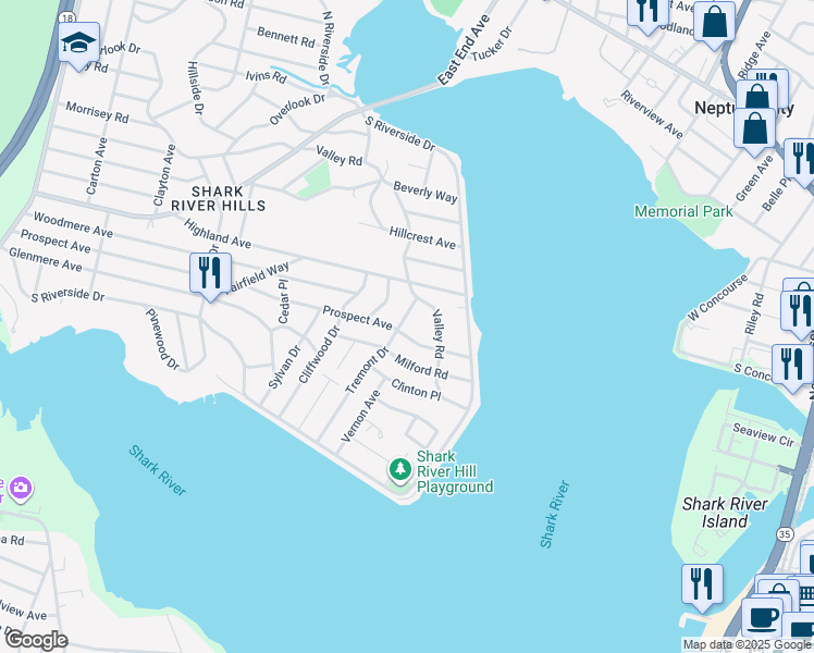 map of restaurants, bars, coffee shops, grocery stores, and more near 123 Milford Road in Neptune City