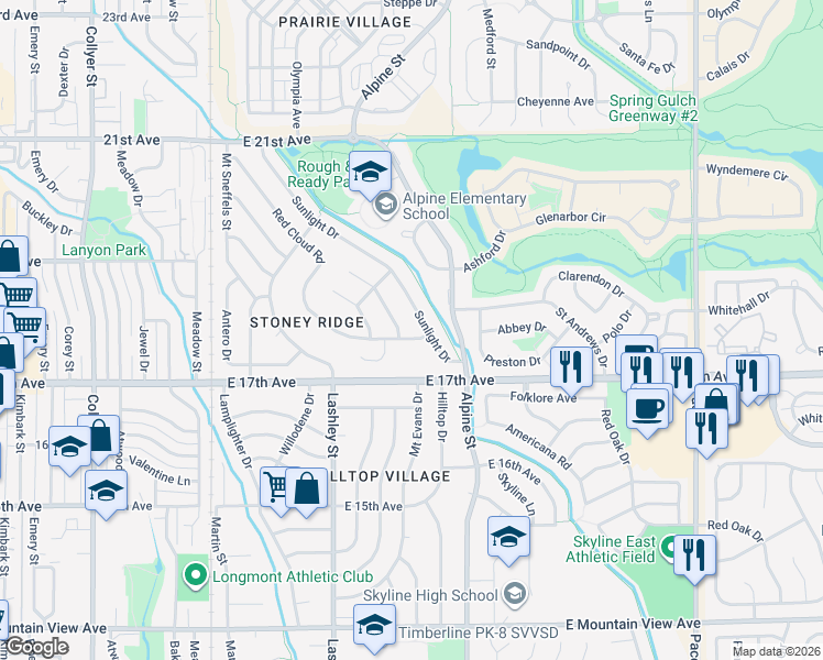 map of restaurants, bars, coffee shops, grocery stores, and more near 241 Sherwood Court in Longmont