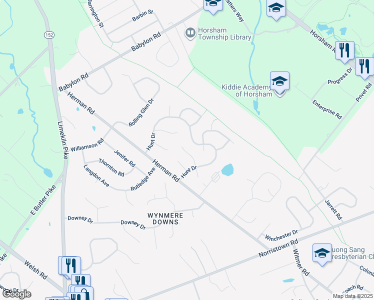 map of restaurants, bars, coffee shops, grocery stores, and more near 25 Curry Lane in Horsham
