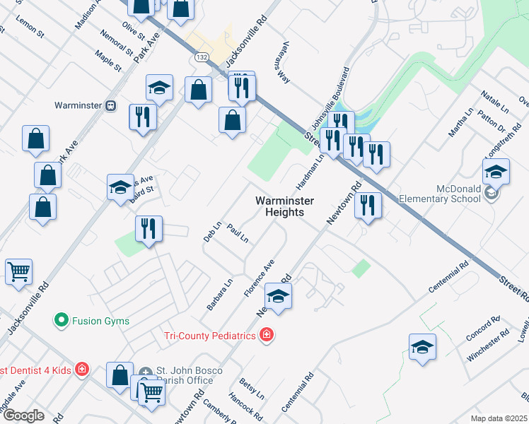 map of restaurants, bars, coffee shops, grocery stores, and more near 407 Marilyn Rd in Warminster