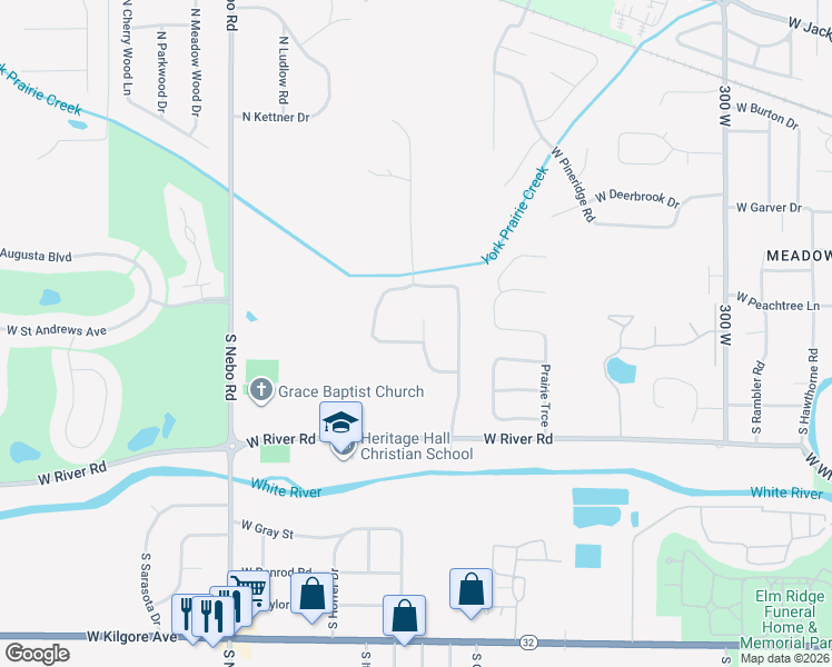 map of restaurants, bars, coffee shops, grocery stores, and more near 5905 West Hellis Drive in Muncie