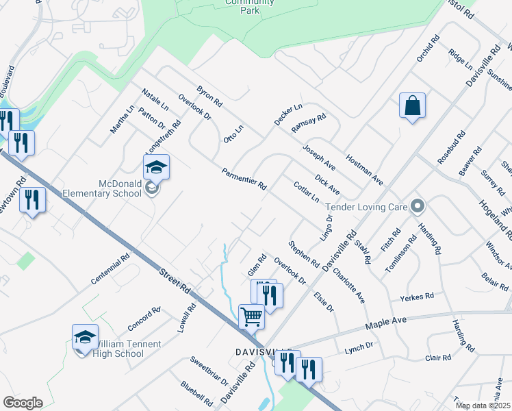 map of restaurants, bars, coffee shops, grocery stores, and more near 675 East Street Road in Warminster