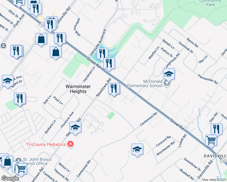 map of restaurants, bars, coffee shops, grocery stores, and more near 3403 Centennial Station in Warminster