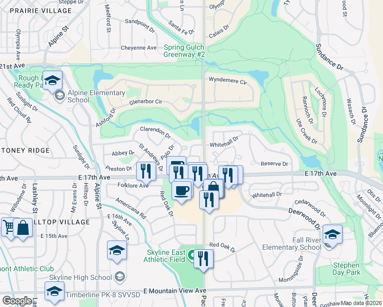 map of restaurants, bars, coffee shops, grocery stores, and more near 41 Whitehall Drive in Longmont