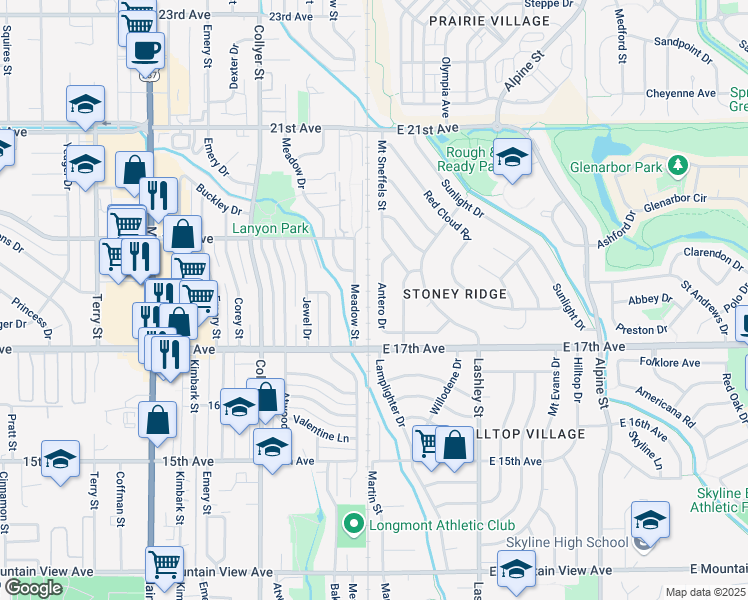 map of restaurants, bars, coffee shops, grocery stores, and more near 1767 Antero Drive in Longmont