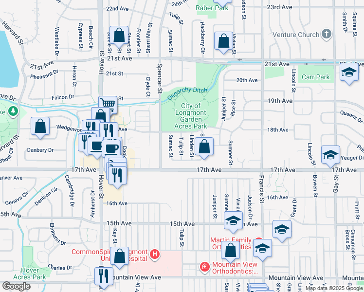 map of restaurants, bars, coffee shops, grocery stores, and more near 1714 Sumac Street in Longmont