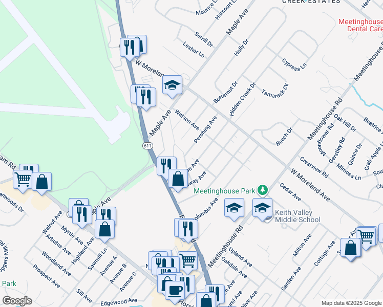 map of restaurants, bars, coffee shops, grocery stores, and more near 402 Wayne Avenue in Horsham