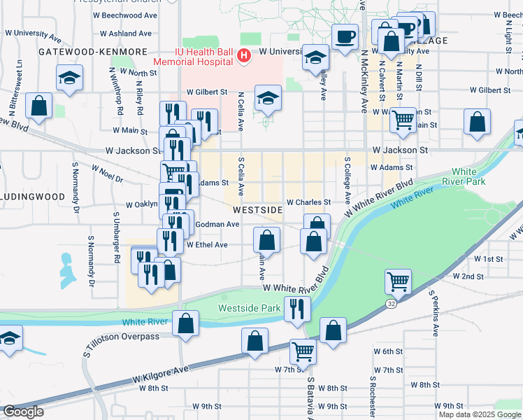 map of restaurants, bars, coffee shops, grocery stores, and more near 2411 West Godman Avenue in Muncie