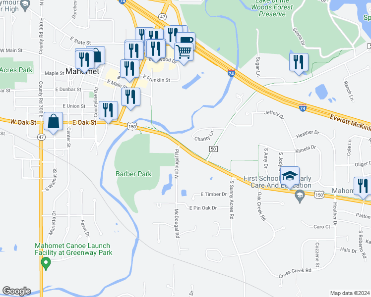 map of restaurants, bars, coffee shops, grocery stores, and more near 903 East Oak Street in Mahomet