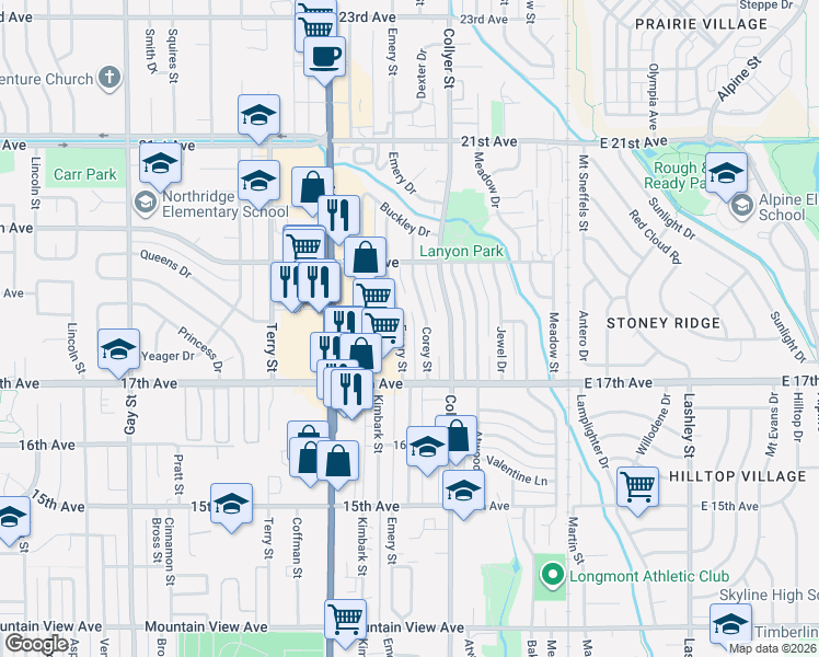 map of restaurants, bars, coffee shops, grocery stores, and more near 1727 Corey Street in Longmont