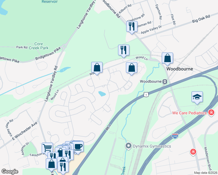 map of restaurants, bars, coffee shops, grocery stores, and more near 415 Bellflower Road in Langhorne