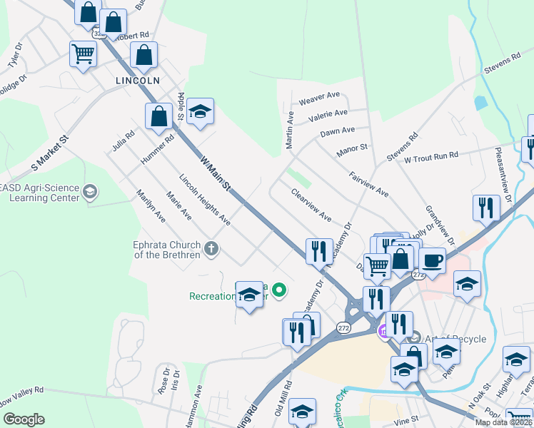 map of restaurants, bars, coffee shops, grocery stores, and more near 1028 West Main Street in Ephrata