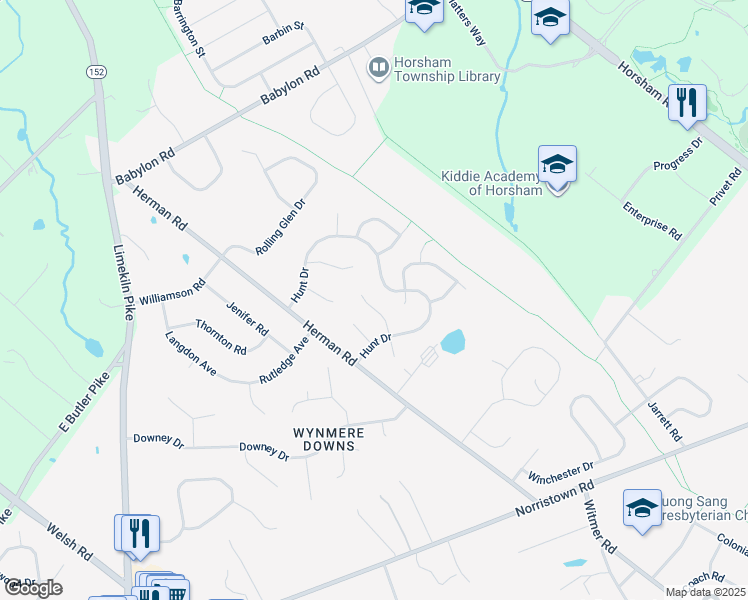 map of restaurants, bars, coffee shops, grocery stores, and more near 25 Curry Lane in Horsham