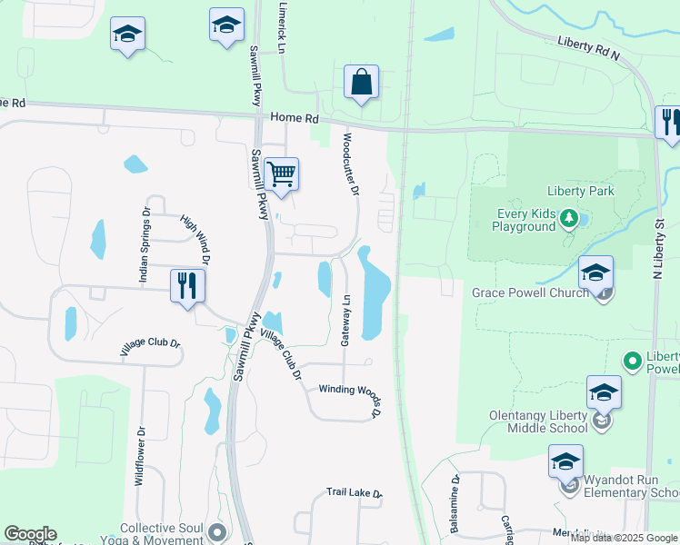 map of restaurants, bars, coffee shops, grocery stores, and more near 7748 Gateway Lane in Powell