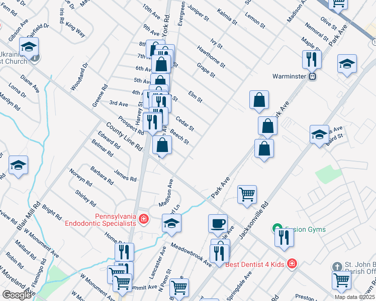 map of restaurants, bars, coffee shops, grocery stores, and more near 72 Madison Avenue in Warminster