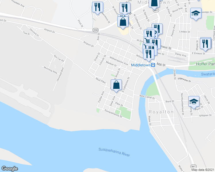 map of restaurants, bars, coffee shops, grocery stores, and more near 223 State Street in Middletown