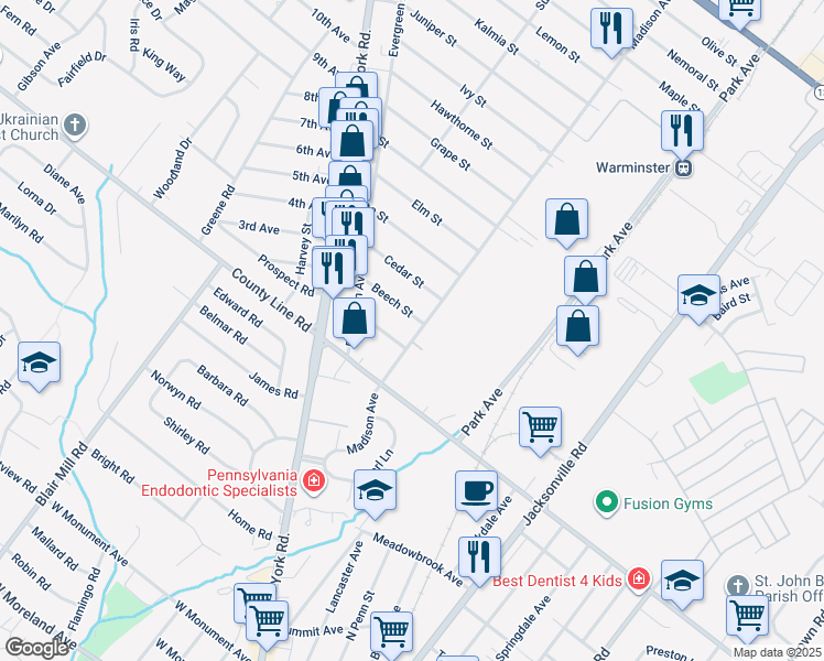 map of restaurants, bars, coffee shops, grocery stores, and more near 72 Madison Avenue in Warminster