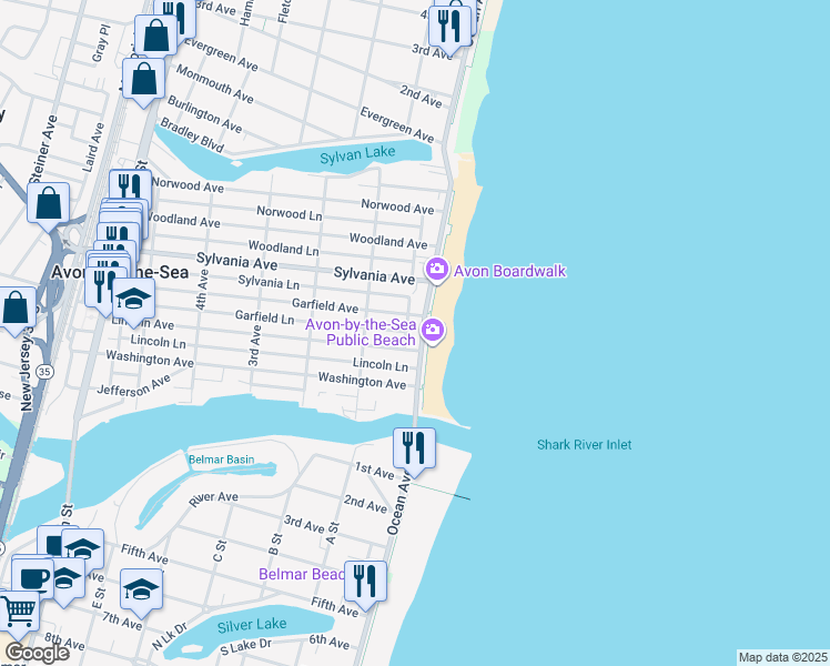 map of restaurants, bars, coffee shops, grocery stores, and more near 401 Ocean Avenue in Avon-by-the-Sea