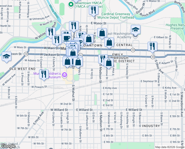 map of restaurants, bars, coffee shops, grocery stores, and more near 424 South Elm Street in Muncie