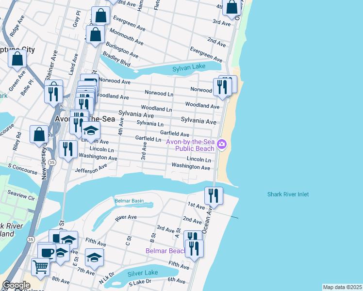 map of restaurants, bars, coffee shops, grocery stores, and more near 123 Garfield Avenue in Avon-by-the-Sea