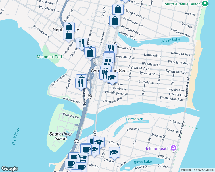 map of restaurants, bars, coffee shops, grocery stores, and more near in Avon-by-the-Sea