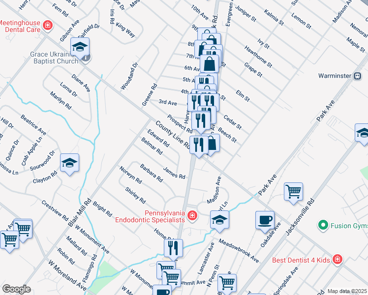 map of restaurants, bars, coffee shops, grocery stores, and more near 7 West County Line Road in Hatboro
