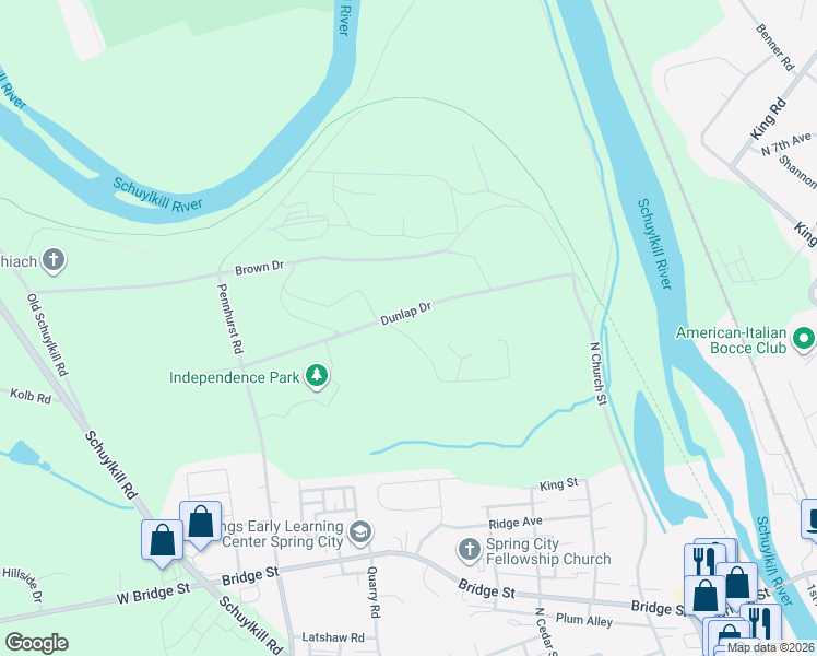 map of restaurants, bars, coffee shops, grocery stores, and more near 4 Independence Drive in Spring City