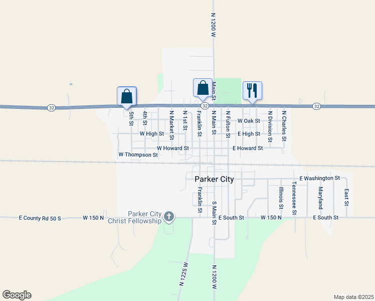 map of restaurants, bars, coffee shops, grocery stores, and more near 129 North 1st Street in Parker City