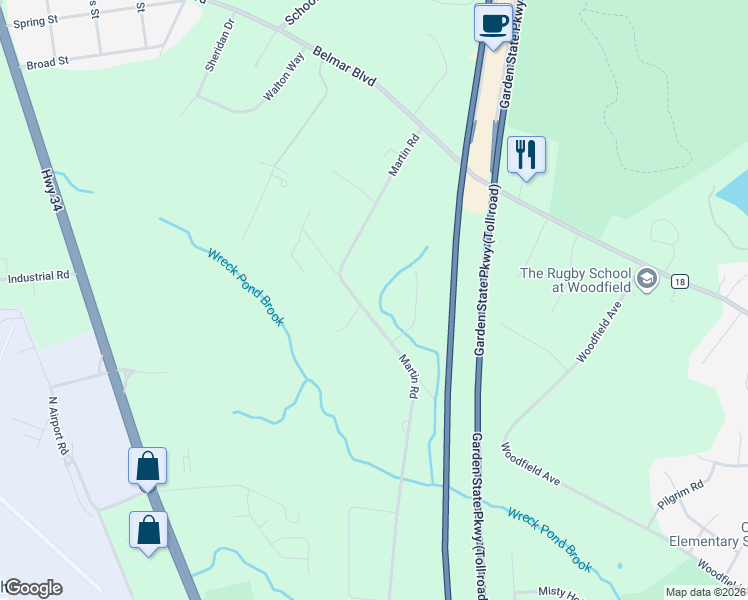 map of restaurants, bars, coffee shops, grocery stores, and more near 1634 Martin Road in Monmouth County