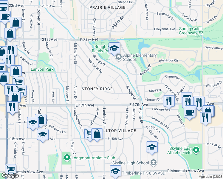 map of restaurants, bars, coffee shops, grocery stores, and more near 1737 Little Bear Drive in Longmont