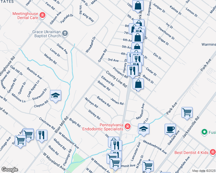 map of restaurants, bars, coffee shops, grocery stores, and more near 20 Belmar Road in Hatboro