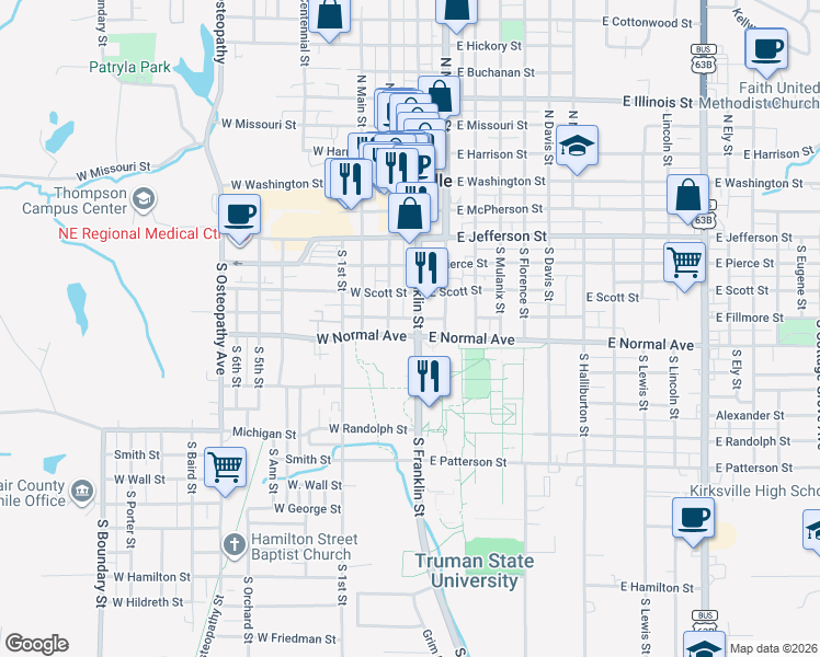map of restaurants, bars, coffee shops, grocery stores, and more near 613 South Franklin Street in Kirksville