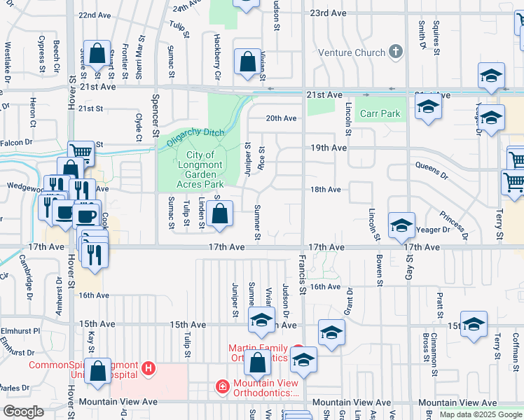 map of restaurants, bars, coffee shops, grocery stores, and more near 1752 Sumner Street in Longmont