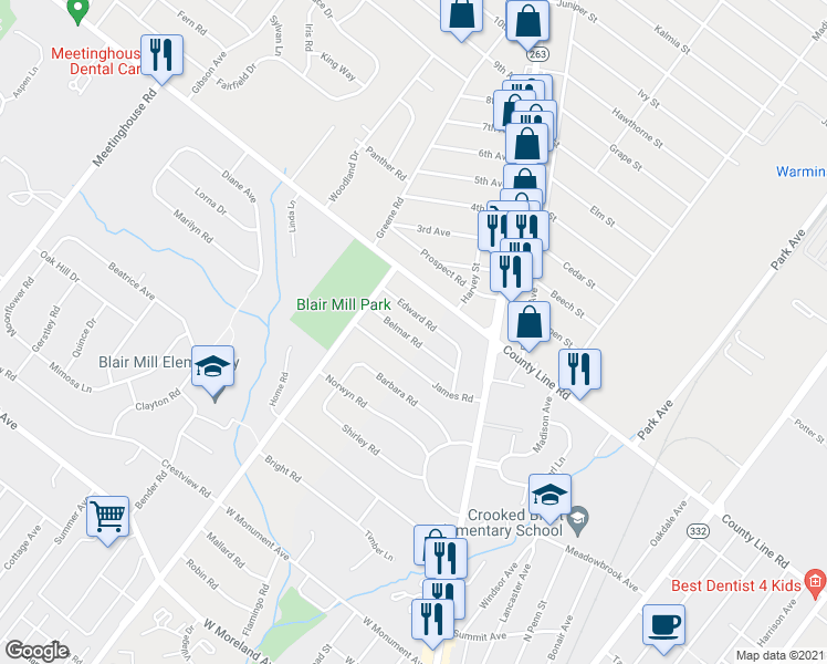 map of restaurants, bars, coffee shops, grocery stores, and more near 20 Belmar Road in Hatboro