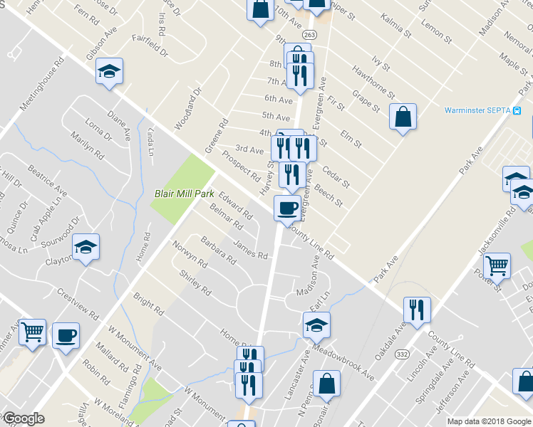 map of restaurants, bars, coffee shops, grocery stores, and more near 7 West County Line Road in Hatboro