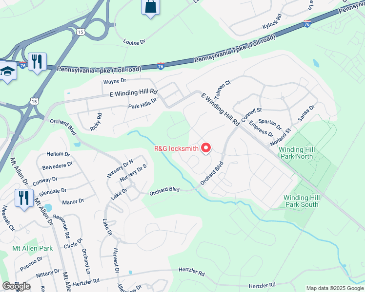 map of restaurants, bars, coffee shops, grocery stores, and more near 545 Brook Shire Court in Mechanicsburg