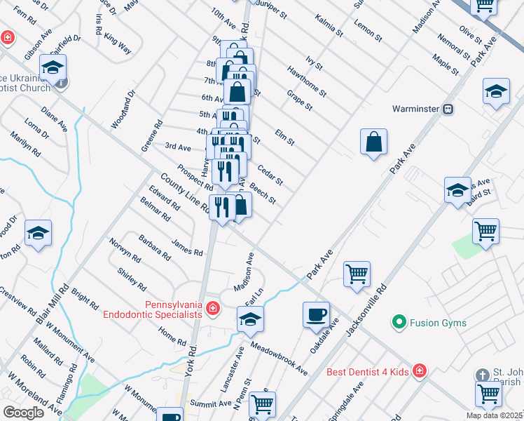 map of restaurants, bars, coffee shops, grocery stores, and more near 325 Aspen Street in Warminster