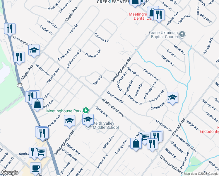 map of restaurants, bars, coffee shops, grocery stores, and more near 129 Meetinghouse Road in Hatboro