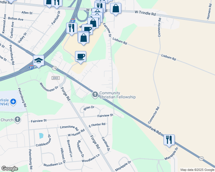 map of restaurants, bars, coffee shops, grocery stores, and more near 92 Fairview Street in Carlisle