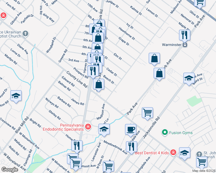 map of restaurants, bars, coffee shops, grocery stores, and more near 325 Aspen Street in Warminster