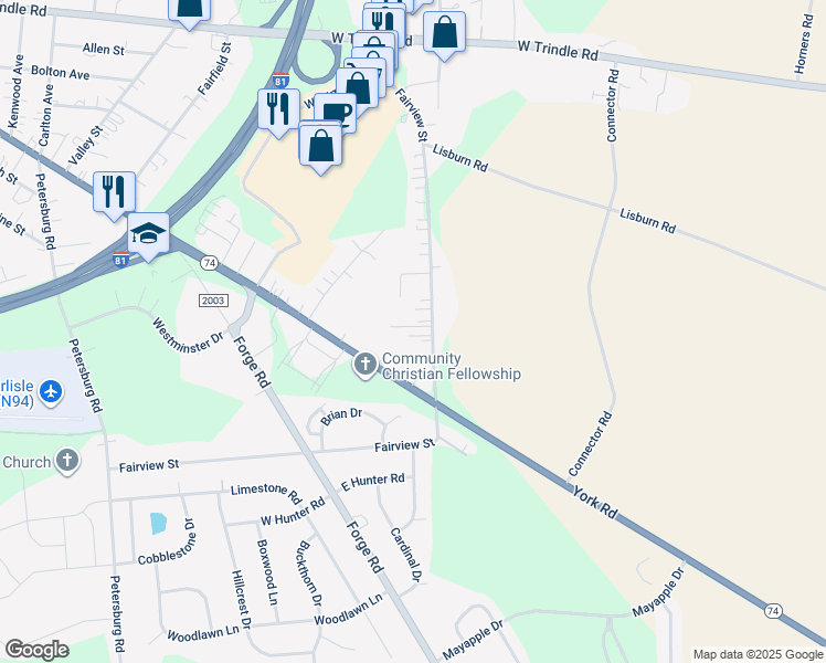 map of restaurants, bars, coffee shops, grocery stores, and more near 92 Fairview Street in Carlisle