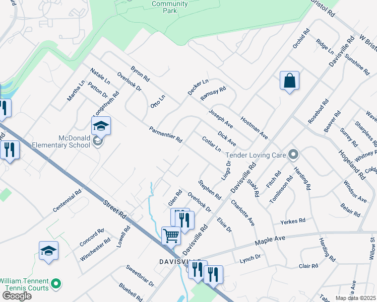 map of restaurants, bars, coffee shops, grocery stores, and more near 709 Parmentier Road in Warminster