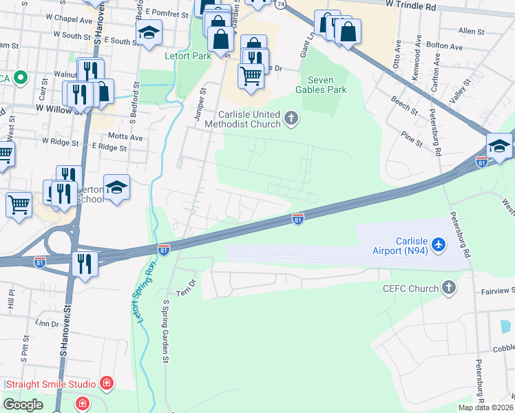 map of restaurants, bars, coffee shops, grocery stores, and more near 1 Garden Parkway in Carlisle