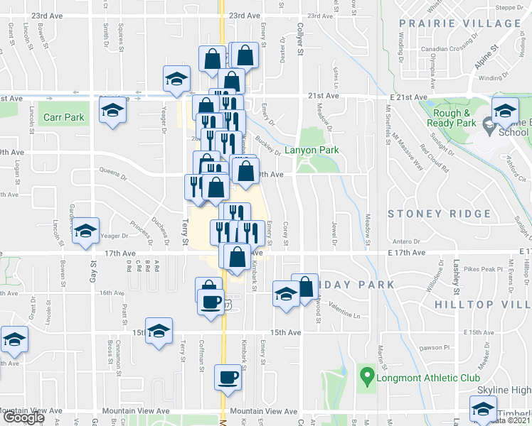 map of restaurants, bars, coffee shops, grocery stores, and more near 1834 Main Street in Longmont