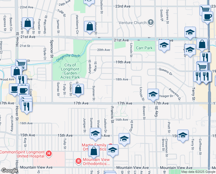 map of restaurants, bars, coffee shops, grocery stores, and more near 1603 18th Avenue in Longmont