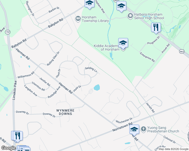 map of restaurants, bars, coffee shops, grocery stores, and more near 37 Gelding Lane in Horsham