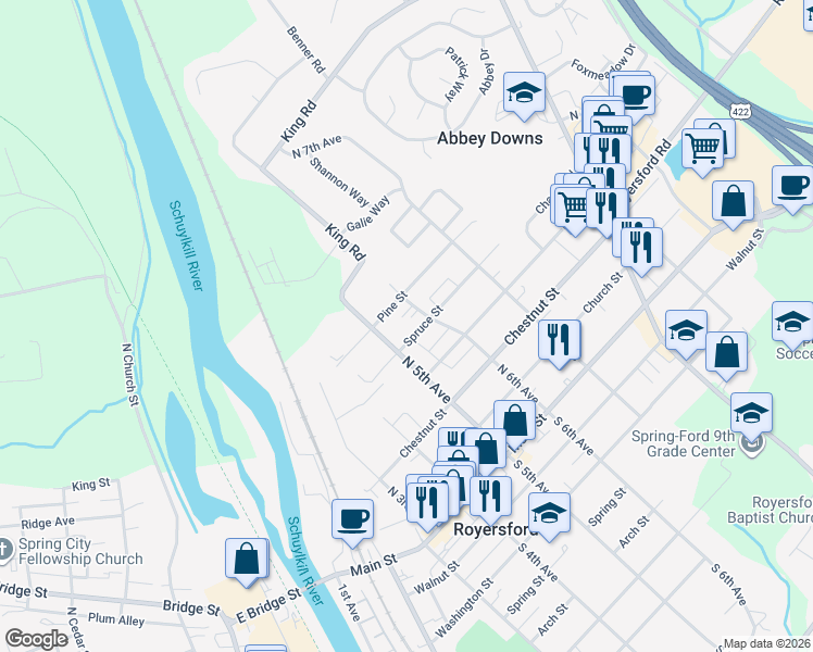map of restaurants, bars, coffee shops, grocery stores, and more near 560 Pine Street in Royersford