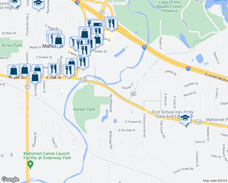 map of restaurants, bars, coffee shops, grocery stores, and more near 799 South McDougal Road in Mahomet